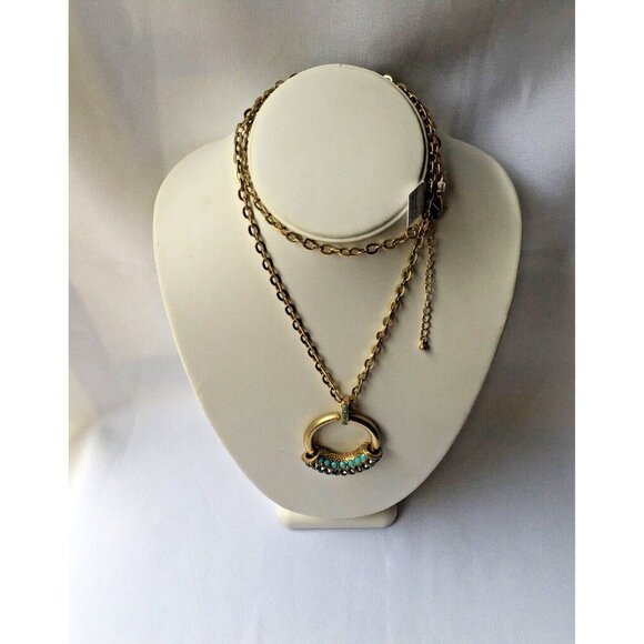 Lia Sophia Gold Tone Circular Sliding Pendant Necklace Turquoise Green Crystal - Picture 1 of 5